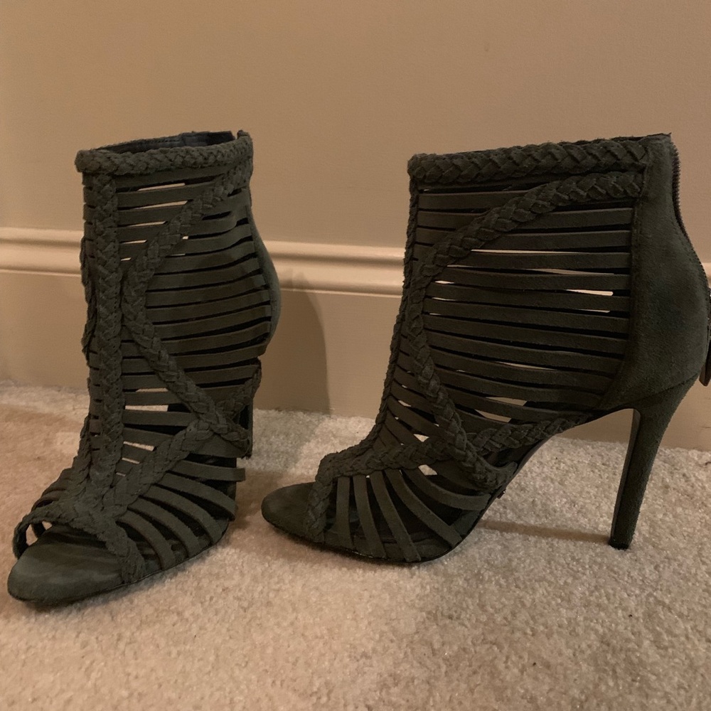 Schutz Yoko Suede Peep Toe Braided Bootie